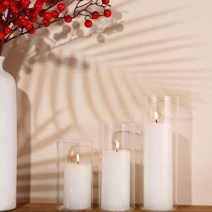 Shihanee 36 Pcs Pillar Candles and Glass Cylinder Vases Tall Cylinder Holders for Pillar Candles Wedding Centerpieces, Total 18 Sets(2.6'' X 4.7'', 5.9'', 7.9'',Clear,Ivory)