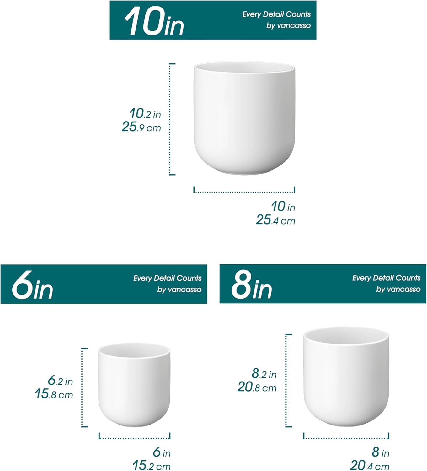 vancasso Ceramic Plant Pots, 4+5+6 inches, Set of 3, Planters with Drainage Hole, Flower Pots Planters Pots for Indoor Plants, Modern Indoor Decorative Garden Pot, Home Decor, White