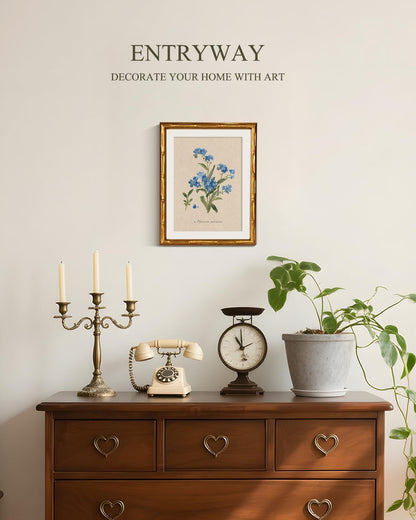 InSimSea Gold Bamboo Framed Canvas Wall Art, Retro Blue Hydrangea Botanical Prints, Antique Flowers Picture Frame with Mat, Victorian Home Wall Decor for Kitchen Living Room Bedroom, 11x14inch