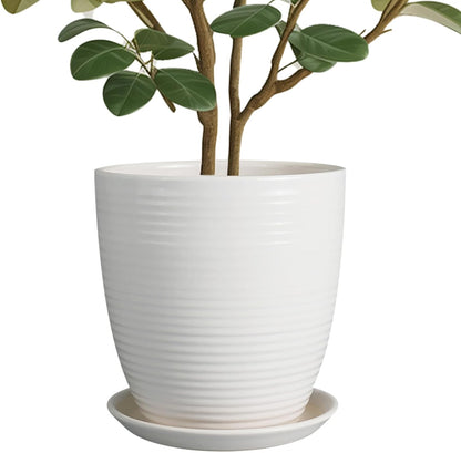Ceramic Pots for Plants - 6 Inch Plant Pot with Drainage Hole and Saucer, Round Planters for Indoor Outdoor, Flower Pots, Modern Planter, Home Office Room Decor, Gifts for Plant Lovers, White