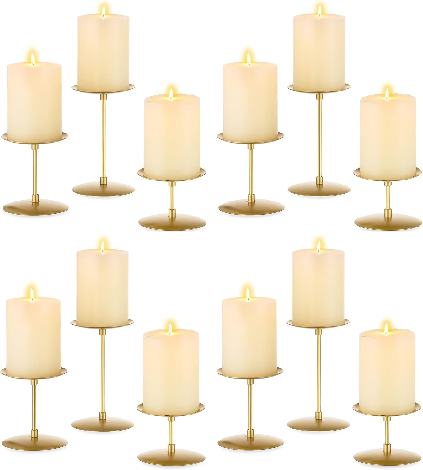 Pillar Candle Holders Candelabra Gold - Set of 12 Bulk Candle Stand Iron Plate Minimalism Modern Home Mantel Dinning Table Decorations Centerpiece for Wedding, Party, Housewarming, Events