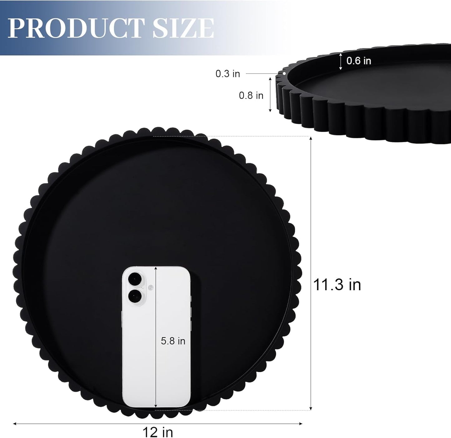 Round Bathroom Tray Silicone Kitchen Counter Decor Vanity Organizer Decorative Coffee Table Tray for Perfume, Candle, Soap Dish, 9 Inch, Black
