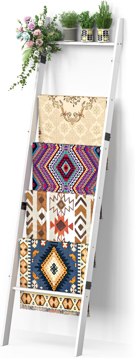 BAMBANG 6-Tier Blanket Ladder for Living Room, Blanket Quilt Ladder Rack Rustic Decorative Towel Holder, Wall Leaning Blanket Ladder Shelf Storage Farmhouse Decor for Bedroom Bathroom, Black