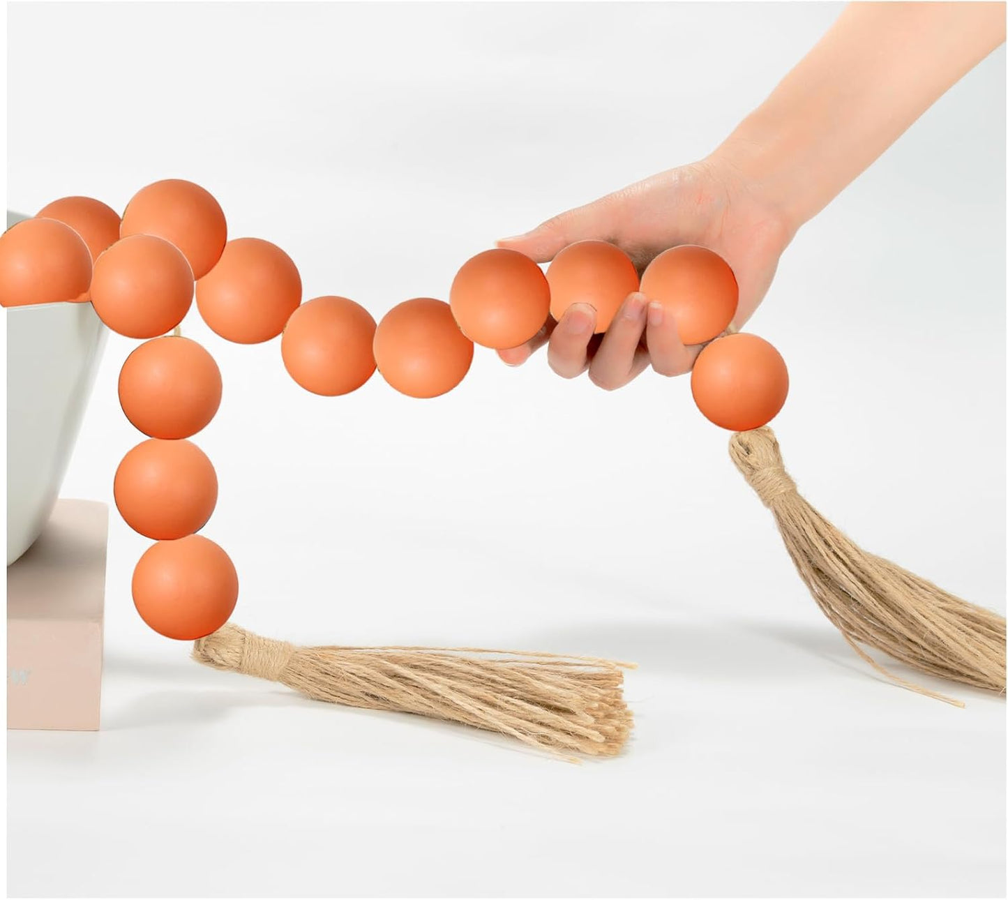 OMISHE Extra Large Wood Bead Garland with 1.6" Diameter Wooden Beads and Tassels, 41" Long Rustic Farmhouse Country Decorative Beads for Home Tiered Tray Decor, Natural Beige
