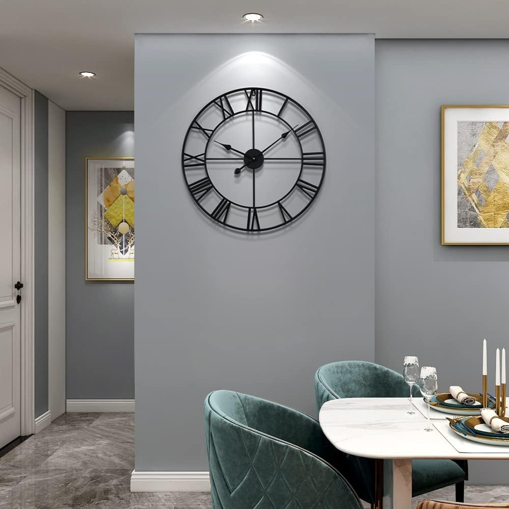 LEIKE 16" Large Wall Clocks Battery Operated, Round Modern Silent Non-Ticking Black Metal Wall Clock for Living Room Decor, Bedroom Kitchen (40cm Diameter, Black Roman Number)