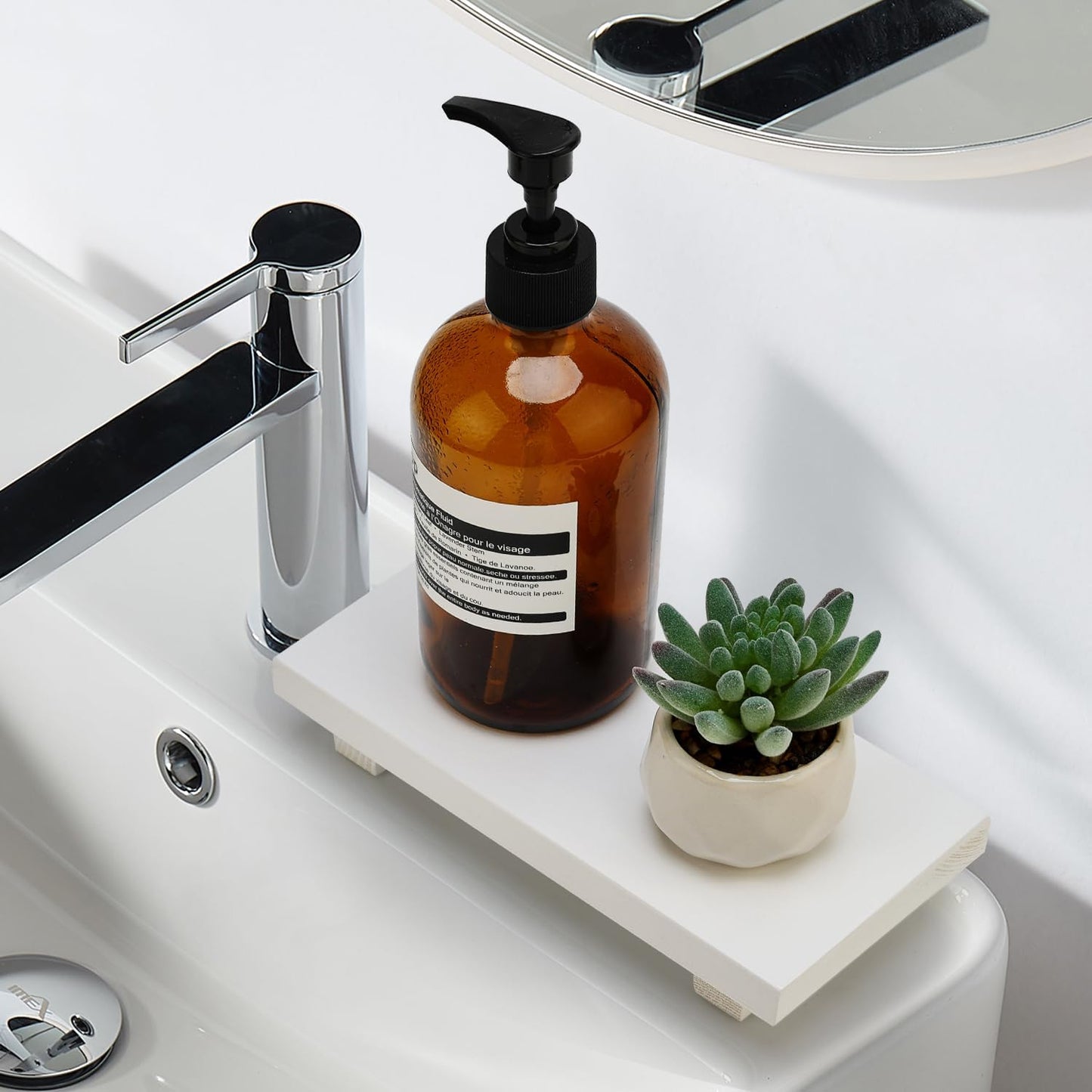 Black Bathroom Vanity Organizer Tray for Countertop Small Wooden Pedestal Stand Farmhouse Kitchen Sink Tray Decorative Hand Soap Dish Dispenser Holder Wood Risers Modern Bathroom Decor Accessories