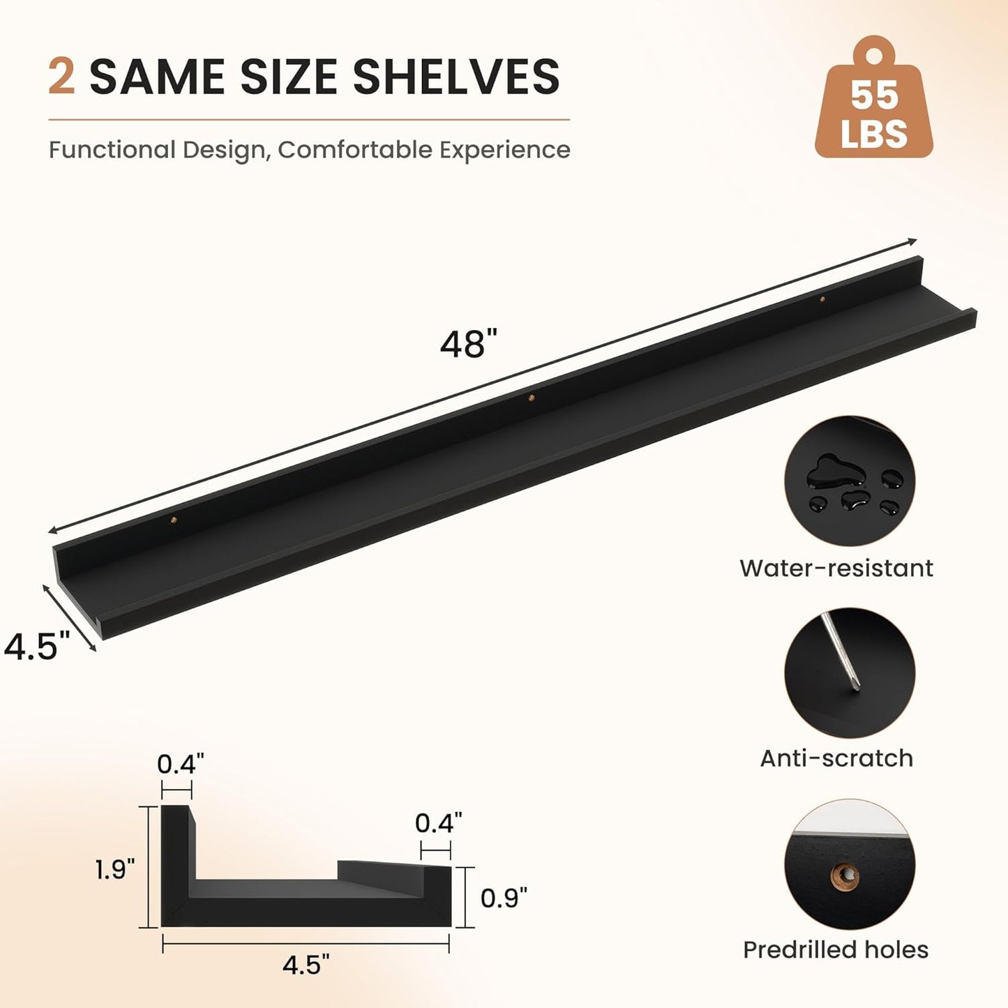 Dreamland Picture Ledge Shelf for Wall, Floating Shelves Set of 2, 48 Inch Long Floating Shelves with Lip for Living Room, Bedroom, Bathroom, Kitchen, White
