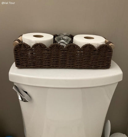 CubesLand Paper Rope Scalloped Edge Toilet Paper Storage Basket, Small Living Room, Bedroom Decor Baskets for Over Toilet Storage Shelf, End Table, Shelves and More, with 2 Wooden Handle, Neutral
