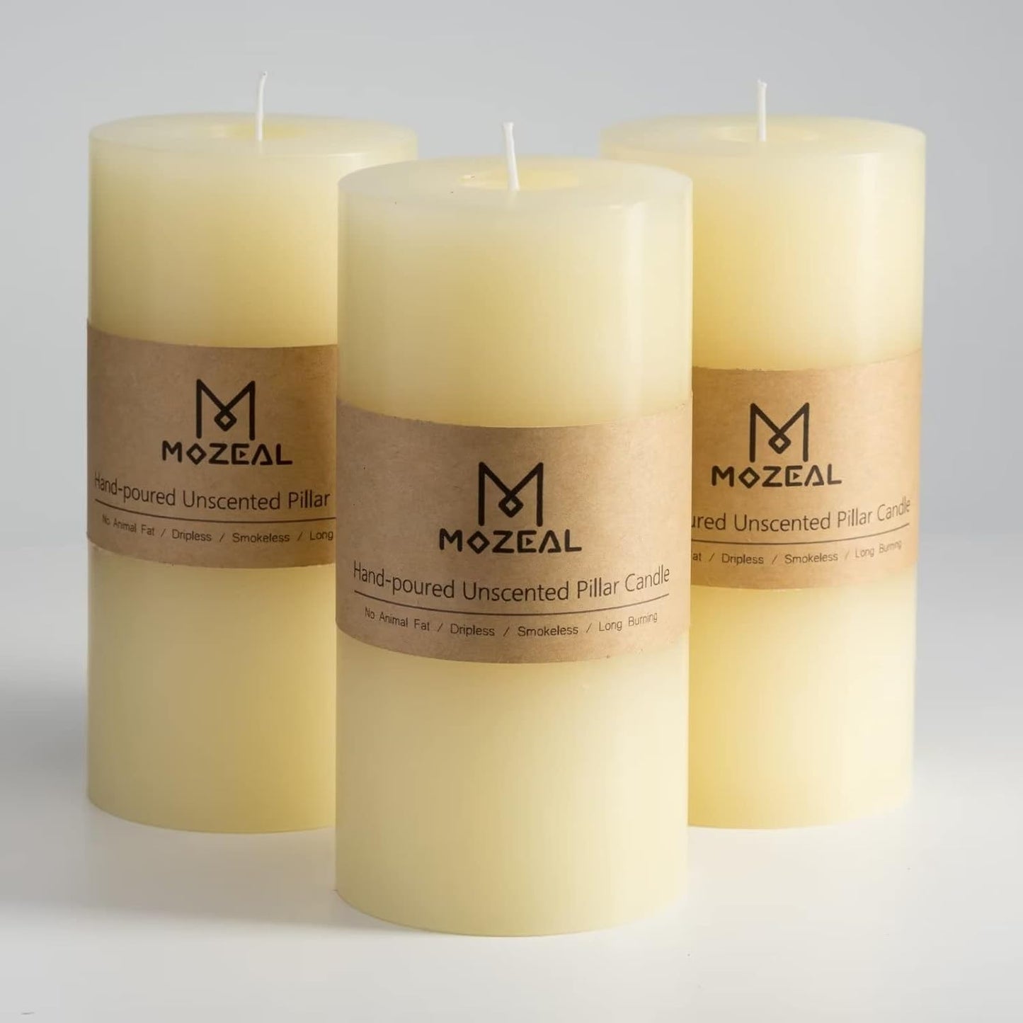 MOZEAL 3" x 4" Hand-Poured Unscented Candle,Dripless Pillar Candle Set of 3,Long Clean Burning,Approx 72 Hours Burn Time,Rustic Country Style,Wedding,Dinner,Christmas and Home Decor,White