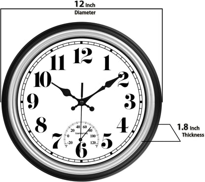 JENLYSTIME 12 Inch Indoor/Outdoor Retro Waterproof Wall Clock with Thermometer Silent Round Quartz Battery Operated Easy to Read Decorative for Kitchen Patio,Bathroom,Deck,Porch,Pool(Blue)