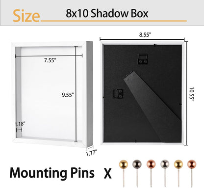 8x8 Shadow Box Frame | Soft Linen Back & Push Pins Included, Polystyrene Glass Memory Display Case for Flowers, Tickets & Cherished 3D Items, White