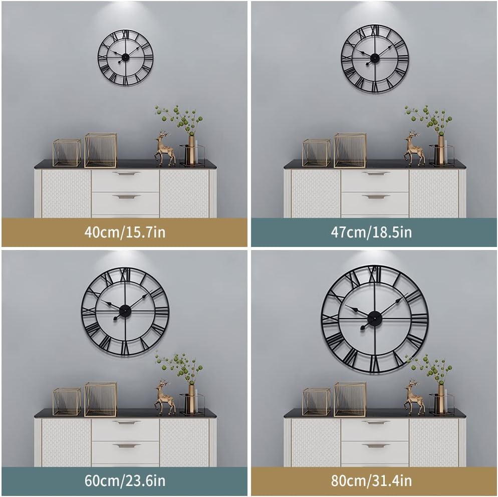 LEIKE 16" Large Wall Clocks Battery Operated, Round Modern Silent Non-Ticking Black Metal Wall Clock for Living Room Decor, Bedroom Kitchen (40cm Diameter, Black Roman Number)