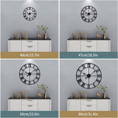 LEIKE 16" Large Wall Clocks Battery Operated, Round Modern Silent Non-Ticking Black Metal Wall Clock for Living Room Decor, Bedroom Kitchen (40cm Diameter, Black Roman Number)