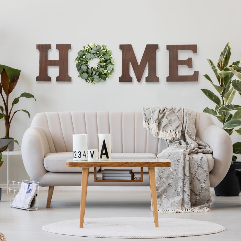 Pinkpum Wood Home Sign with Artificial Eucalyptus Wreath for O, Hanging Farmhouse Wall House Decor Wood Letters for Wall Art Rustic Home Decor, Wall Decor for Living Room Kitchen Entryway (Black)