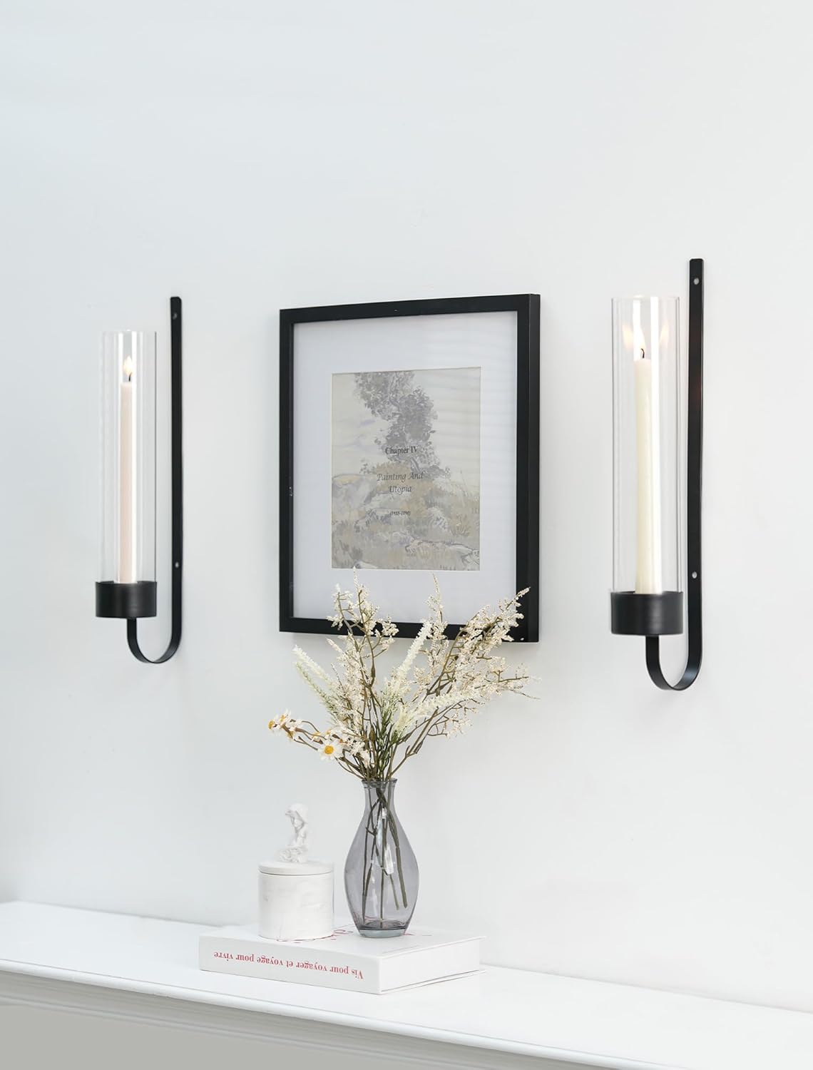 Sziqiqi Black Wall Candle Holders: Metal Candle Sconces for Taper Set of 2 Modern Wall Mounted Candlestick Holder with Hurricane Glass for Living Dining Room Bedroom Bathroom Outdoor