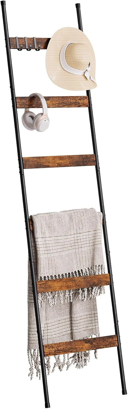 ELYKEN Blanket Ladder for Living Room, Farmhouse 5-Tier Quilt Holder with 4 Removable Hooks for Bathroom, Wood Towel Rack Display, Wall Anchor Leaning Decorative Stand for Home, Rustic Brown