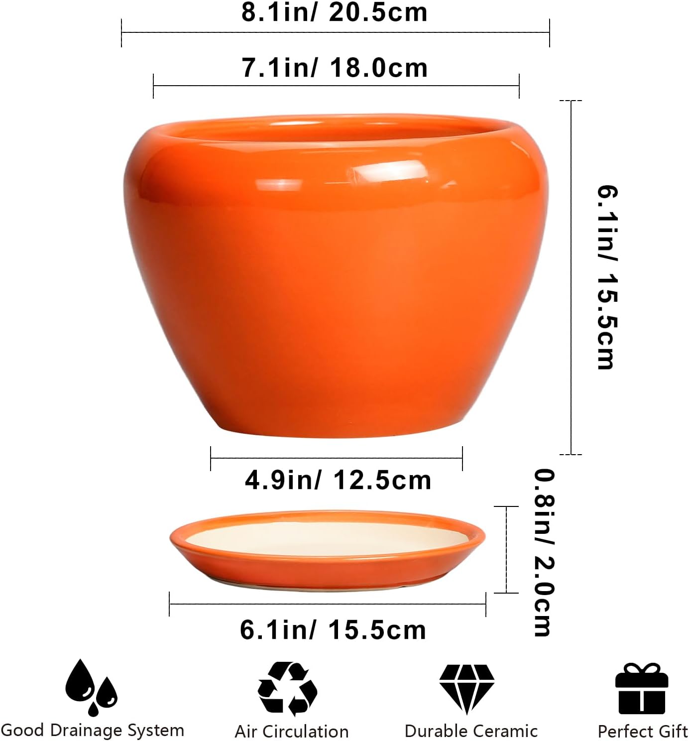 Ceramic Modern Glaze Succulent Planter Pot with Drainage Hole and Saucer 6 Inch Round Flower Plant Pot for Indoor Outdoor Herb Snake Plants