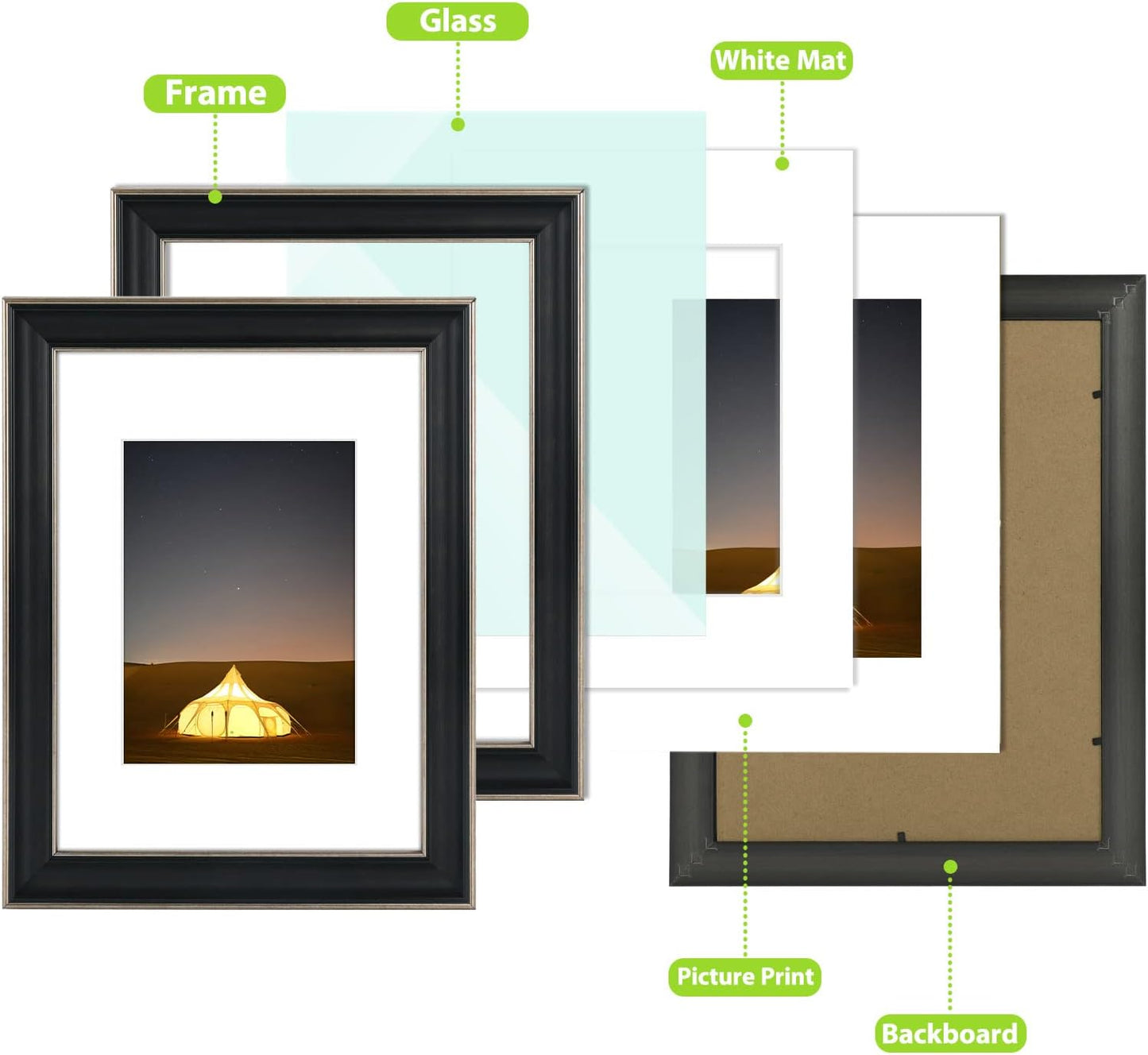 Golden State Art, 11x14 Photo Frame with Mat for Pictures 8x10 and Real Glass (Dark Gold Brown & Bronze Pewter Panel with White Color Mat, 1.25 Inch Frame Border)