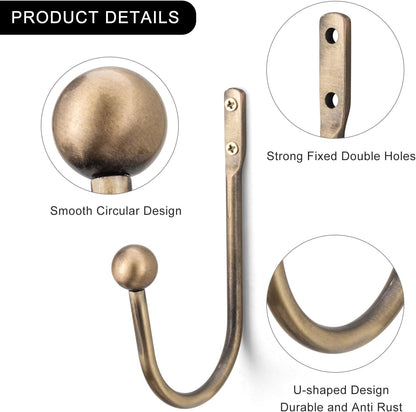 2 Pack Curtain Holdbacks - Silver, Decorative Drapery Wall Hooks with Hardware, Curtain Pull Back Hooks, Metal Curtain Tiebacks Wall Mounted, Window Side Holders for Drapes, Curtain Accessories