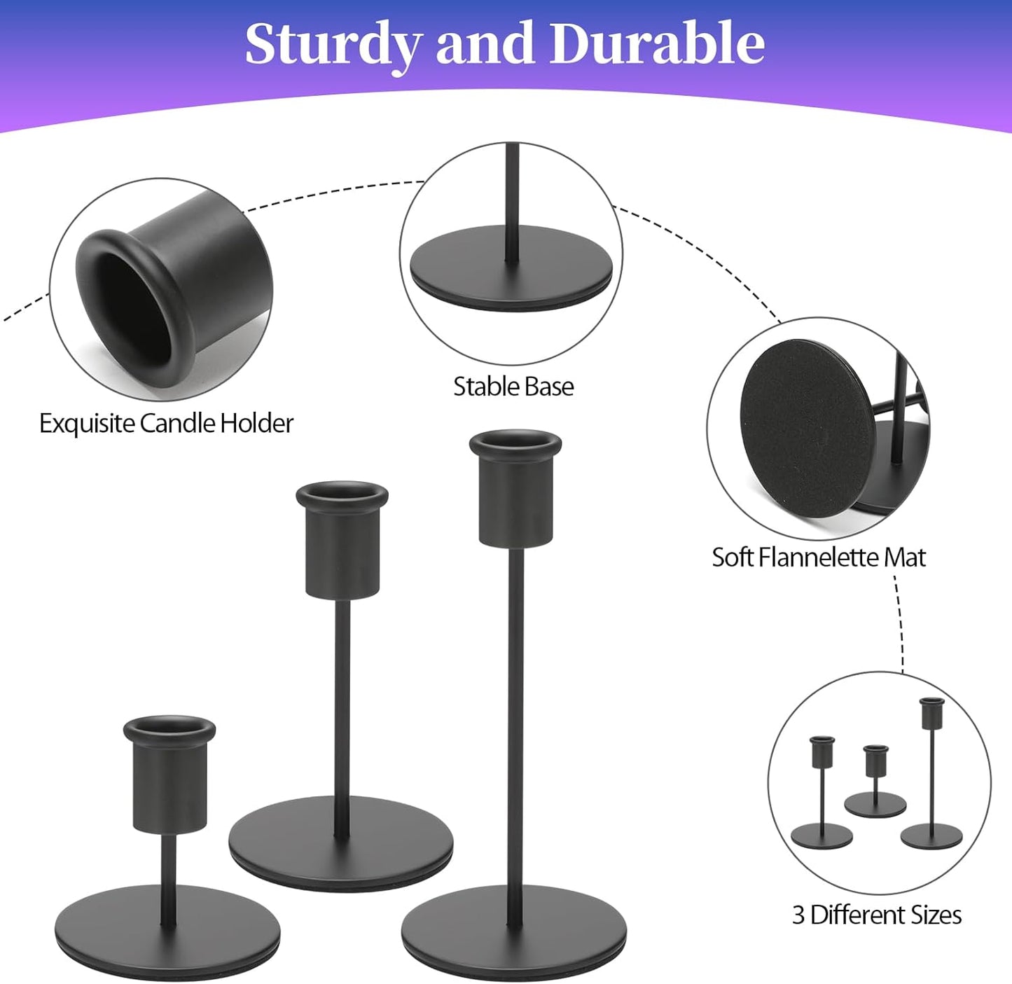 Set of 6 Black Candlestick Holders - Decorative for Home Decor, Wedding, Dining, Party, Anniversary