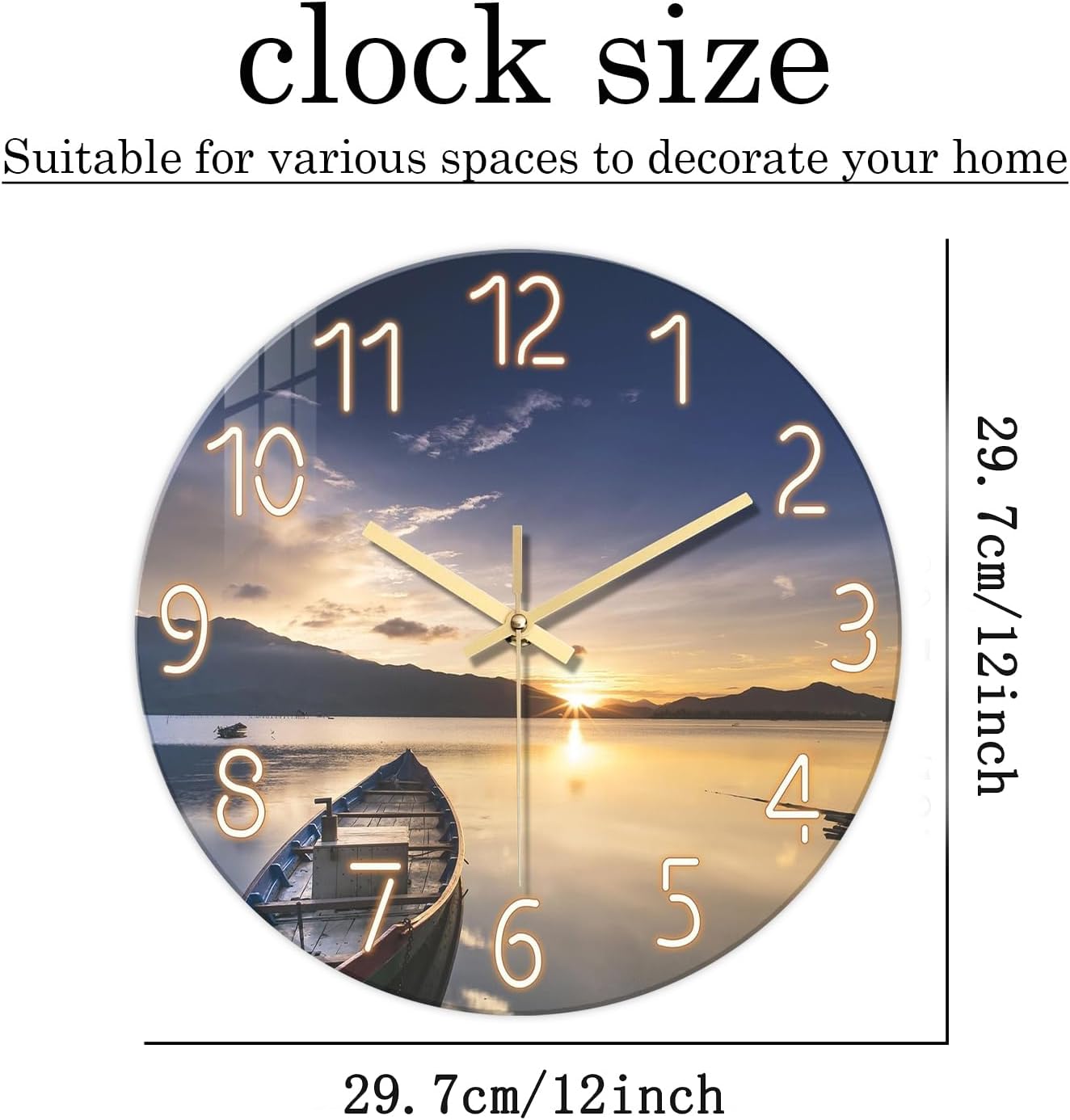 Beach Wall Clock Battery Operated 12 Inch Glass Wall Clock Non Ticking Analog Blue Wall Clocks for Bedroom Living Room Office Decor