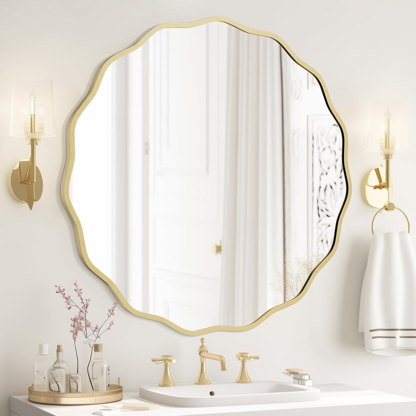 WallBeyond Round Wavy Mirror for Wall Decorative 24 inch, Modern Round Mirror Aluminum Frame for Bathroom Bedroom Living Room Home House Office Entryway, Gold