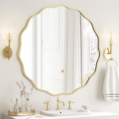 WallBeyond Round Wavy Mirror for Wall Decorative 24 inch, Modern Round Mirror Aluminum Frame for Bathroom Bedroom Living Room Home House Office Entryway, Gold