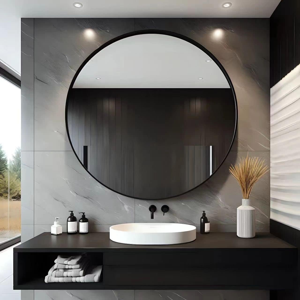 USHOWER Bathroom Mirrors for Over Sink, 36 Inch Circle Mirror with Metal Frame, Black Wall Mirror for Vanity, Entryway, Living Room, Hallway and Bedroom Decor
