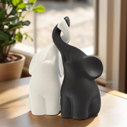 OwMell Set of 2 Loving Elephant Statue Figurine, 6" Elephant Ring Holder, Gifts for Couples Home Lucky Decor - Grey