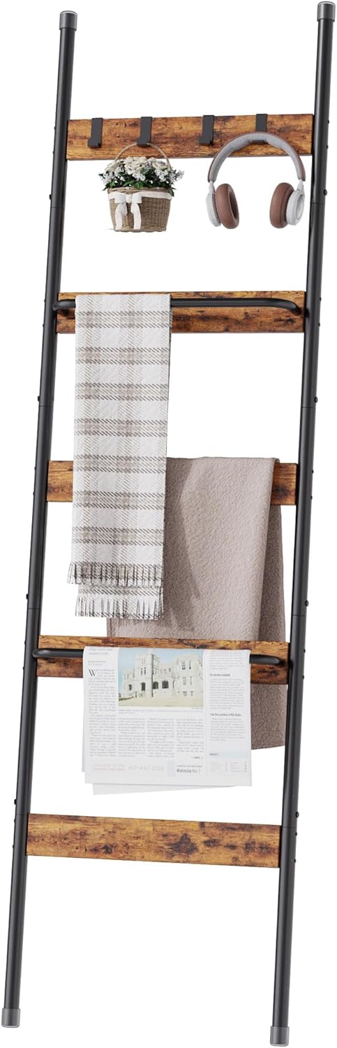 Blanket Ladder, 5-Tier Towel Holder with 4 Removable Hooks, Farmhouse Wall Leaning Decorative Rack Shelf, Wooden Towel Display Rack, Quilt Ladder for Living Room, Bedroom, Rustic Brown