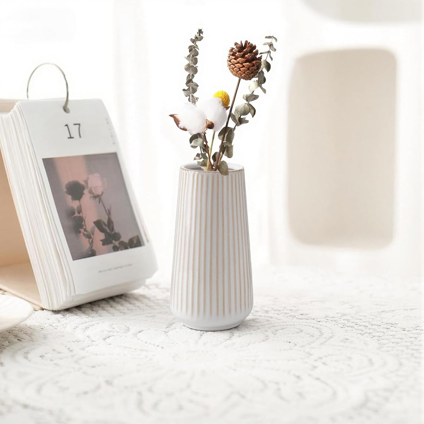 White Ceramic Vase, GUKJOB Small Cute Flower Vase for Pampas Grass, Home, Living Room, Dining Table, Farmhouse, Office Decor, Bedroom, Table, and Kitchen Shelf (White)