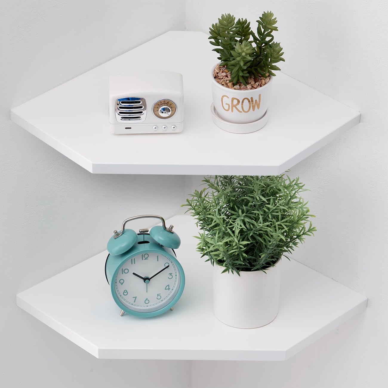 Corner Wall Shelves, Corner Floating Shelves Set of 2 Solid Oak Wood Display Shelf with Wire Hole Small Plant for Kitchen Living Room Natural