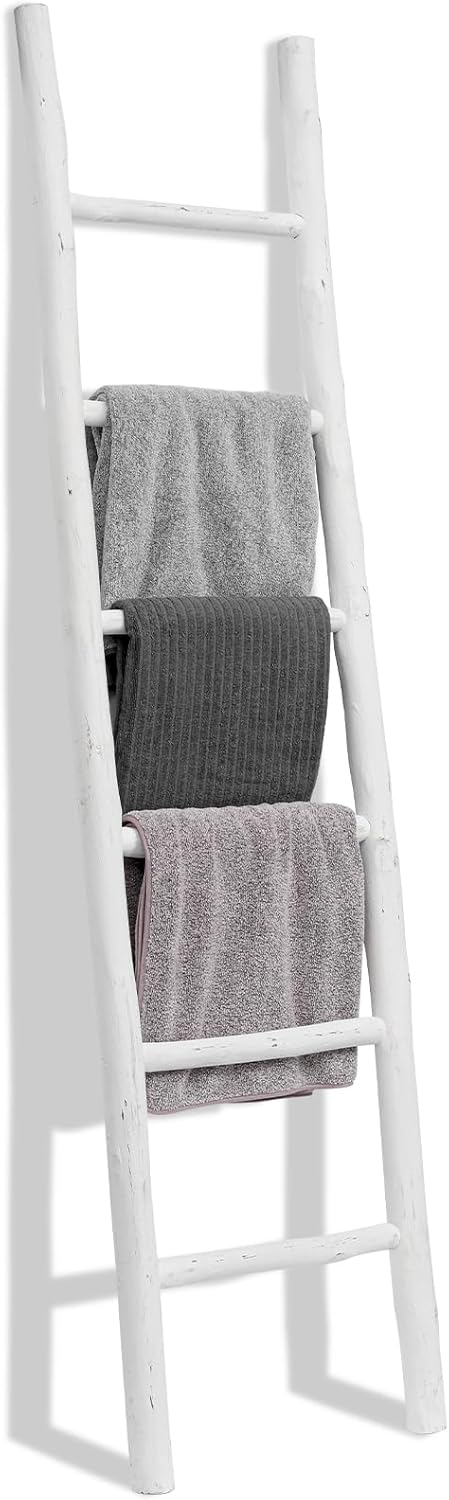 FUIN 57in Wood Blanket Ladder Living Room Decorative Wall Leaning Farmhouse Quilt Display Holder Rustic Wooden Towel Rack for Bathroom, Brown