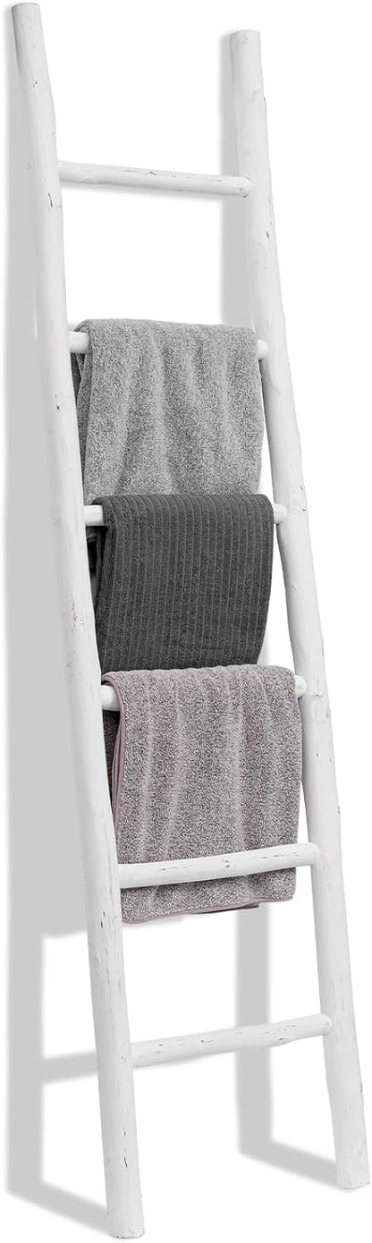 FUIN 57in Wood Blanket Ladder Living Room Decorative Wall Leaning Farmhouse Quilt Display Holder Rustic Wooden Towel Rack for Bathroom, Brown