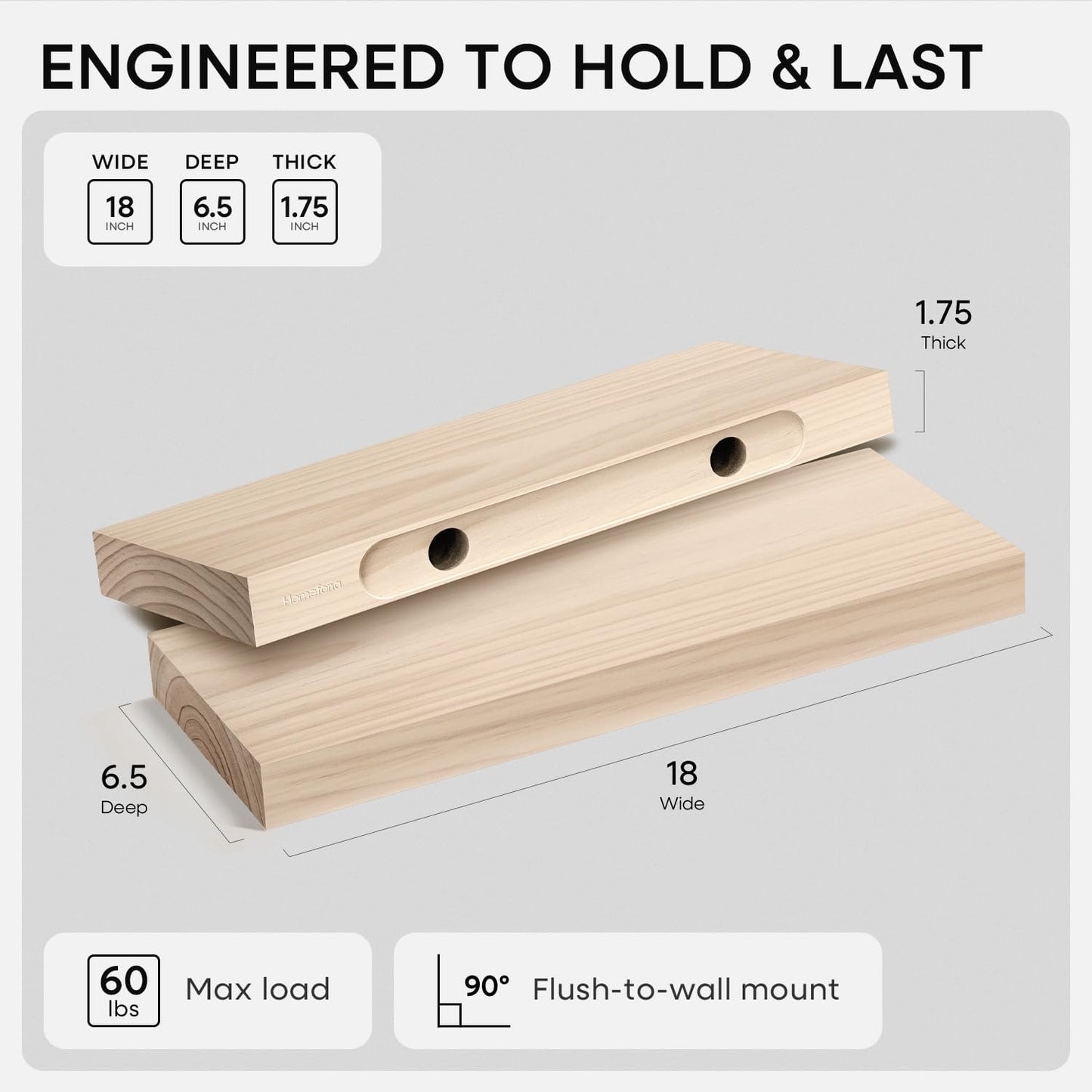 Homeforia 24 inch Natural Floating Shelf, High End Solid Real Wood 24inch Small Floating Shelves for Wall Mounted, Natural Wooden Floating Shelves, Heavy Duty Bracket, 24 X 6.5 X 1.75 in, Set of 2