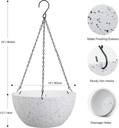 Meowell 10 inch Hanging Planters for Indoor Outdoor Plants, 2 Pack Hanging Flower Pots with Drainage Holes and Chain for Garden Porch, Plastic Hanging Baskets for House Plants, Speckled Grey