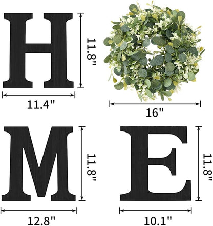 Pinkpum Wood Home Sign with Artificial Eucalyptus Wreath for O, Hanging Farmhouse Wall House Decor Wood Letters for Wall Art Rustic Home Decor, Wall Decor for Living Room Kitchen Entryway (Black)
