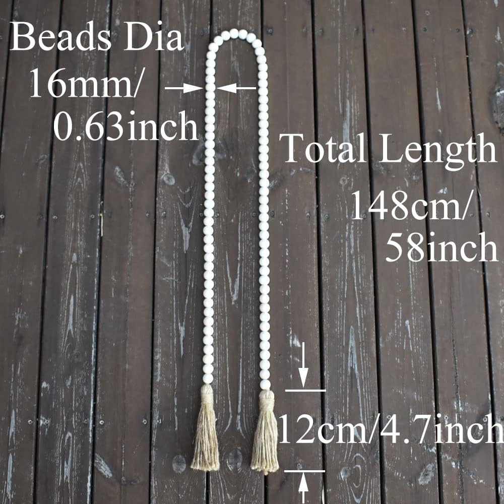 58 Inch Wood Bead Garland with Tassels, Rustic Farmhouse Beads Wall Hanging Prayer Beads