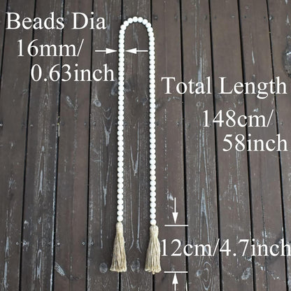 58 Inch Wood Bead Garland with Tassels, Rustic Farmhouse Beads Wall Hanging Prayer Beads