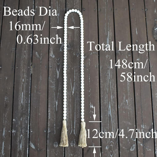 58 Inch Wood Bead Garland with Tassels, Rustic Farmhouse Beads Wall Hanging Prayer Beads