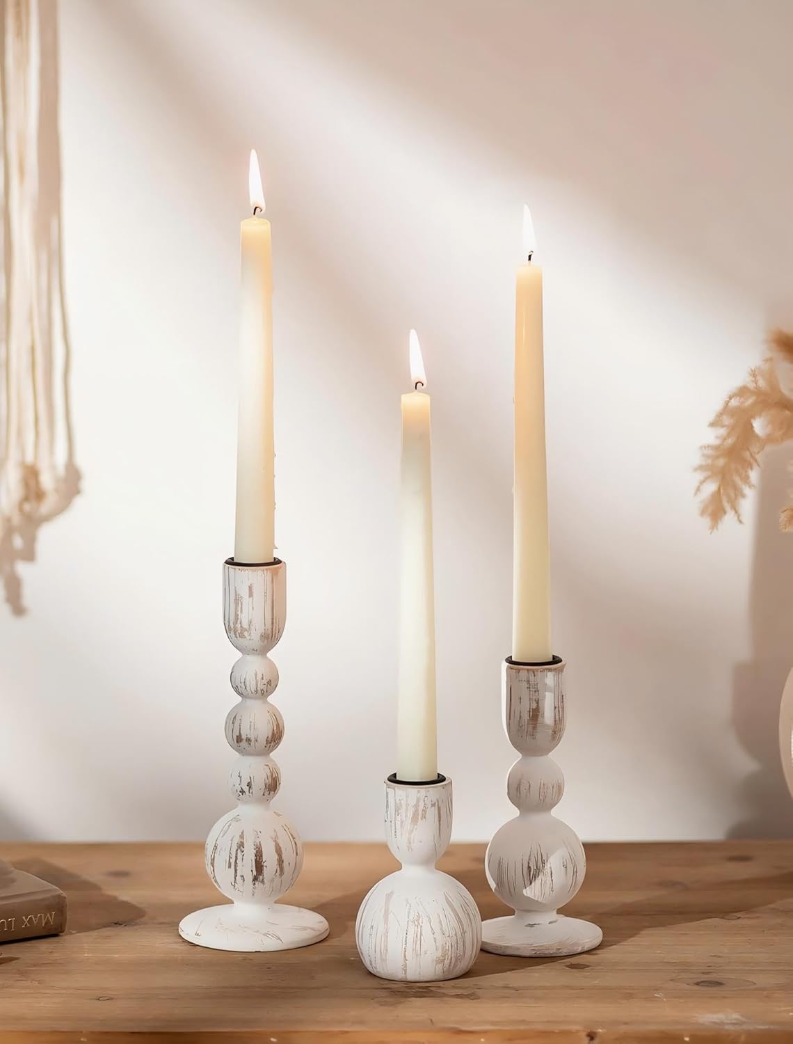NUPTIO Candle Stick Holders Decor: Set of 3 Farmhouse Wooden Taper Candle Holders - Rustic Sage Green for Home Coffee Dinner Table