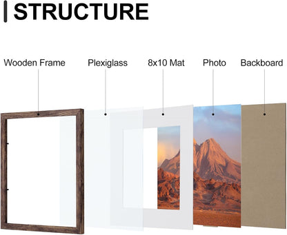 Vittanly 8x10 Picture Frames Set of 9, Shatter Resistant Plexiglass, Display 5x7 Pictures with Mat or 8x10 without Mat, Photo Frames for Wall or Tabletop, Engineered Wood, Black - Colors A