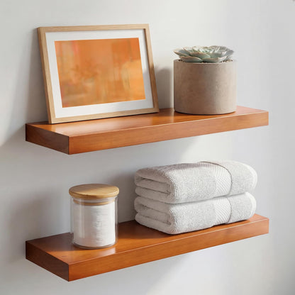 Homeforia 24 inch Natural Floating Shelf, High End Solid Real Wood 24inch Small Floating Shelves for Wall Mounted, Natural Wooden Floating Shelves, Heavy Duty Bracket, 24 X 6.5 X 1.75 in, Set of 2