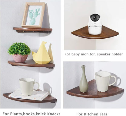Corner Shelves, Floating Corner Shelf, Set of 2 7inch Solid Oak Wood Wall Shelves, Round End Wall Mount with Wire Hole Shelving for Small Plant for Bedroom Kitchen, Living Room