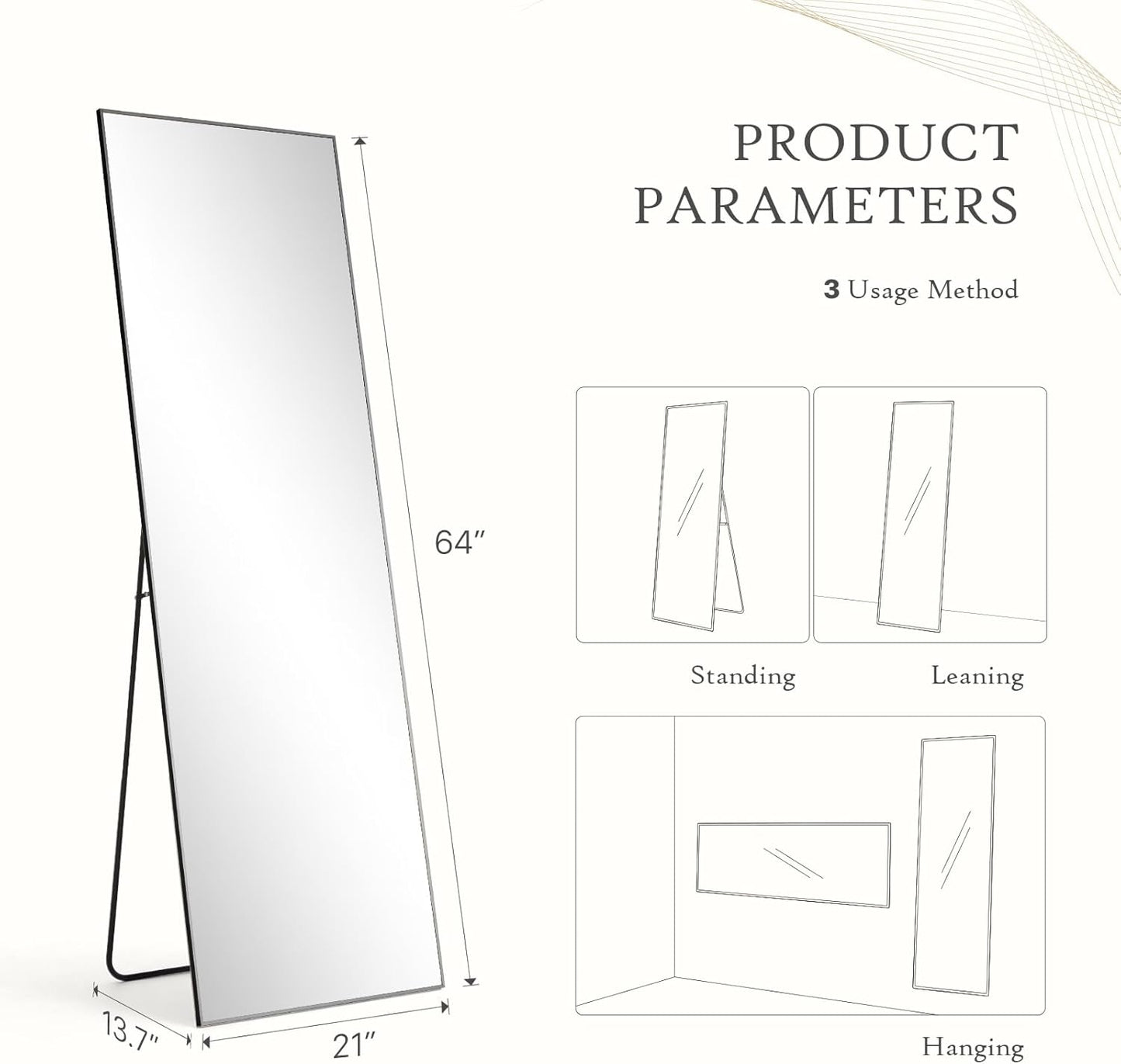 Mirror Full Length, Upgraded Body Wall Mirrors with Shatter-Proof Glass, Floor Standing, Hanging or Leaning, Tall Mirror with Stand Aluminum Alloy Frame for Bedroom