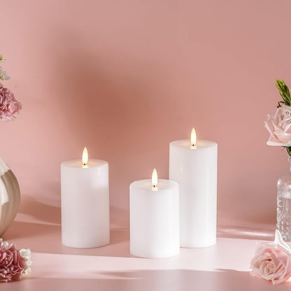 Stmarry Ivory Flameless Candles with Remote and Timer, Real Wax Made LED Pillar Candles Battery Operated with 3D Flickering Flame - 3" x 4",5",6" - Set of 3