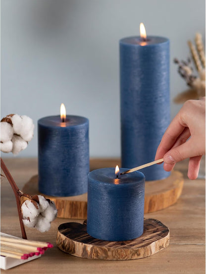 CANDWAX 3x4 inch Pillar Candles Set of 3 – Unscented Dripless Rustic Dark Blue Candles for Room Decor, Weddings, Centerpieces