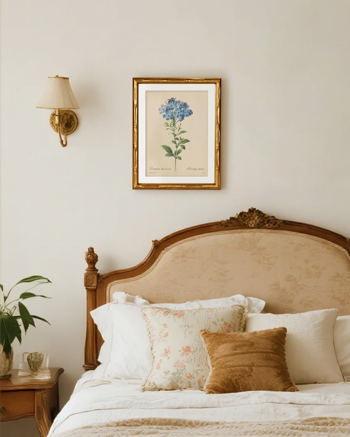 InSimSea Gold Bamboo Framed Canvas Wall Art, Retro Blue Hydrangea Botanical Prints, Antique Flowers Picture Frame with Mat, Victorian Home Wall Decor for Kitchen Living Room Bedroom, 11x14inch