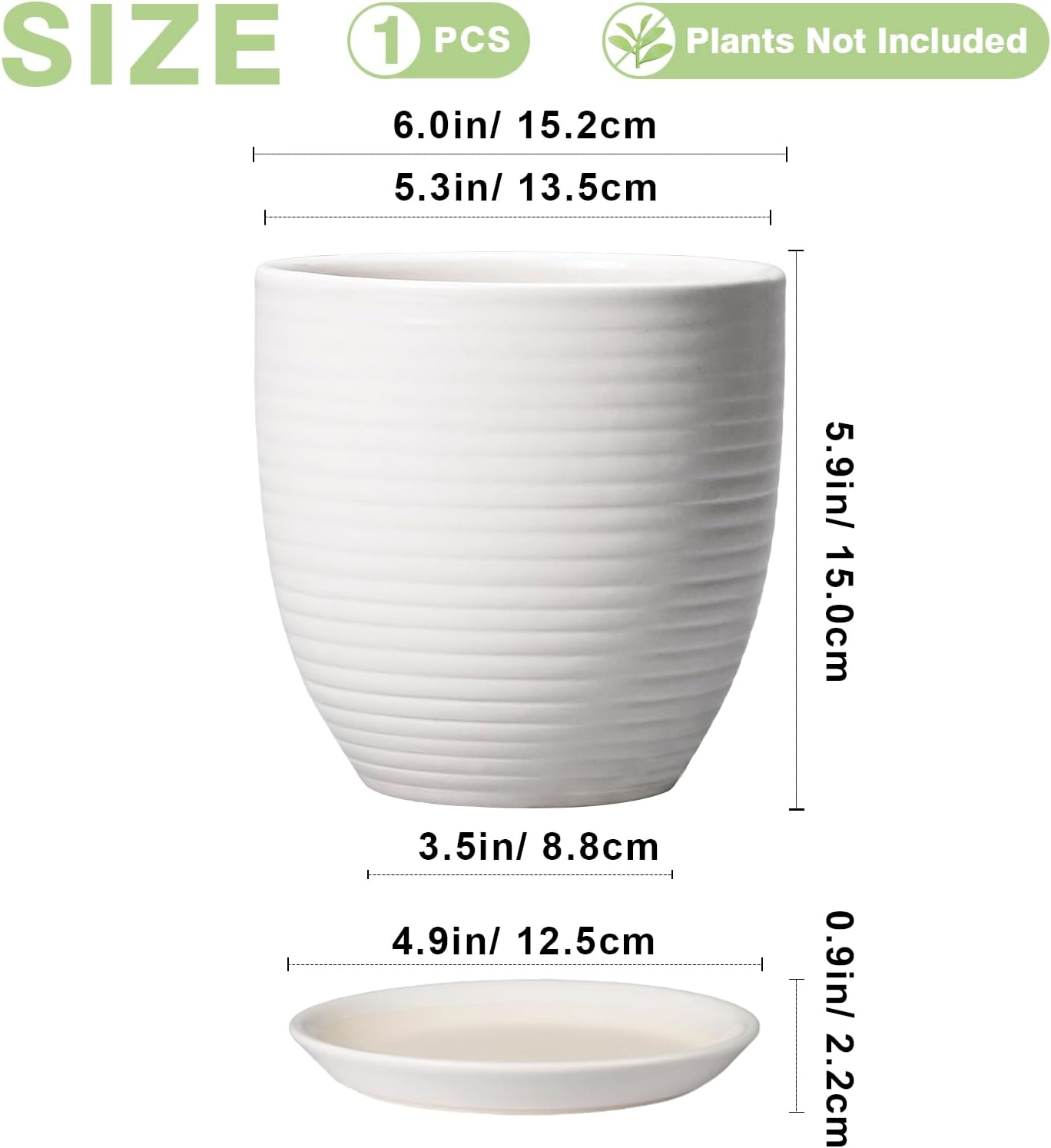 Ceramic Pots for Plants - 6 Inch Plant Pot with Drainage Hole and Saucer, Round Planters for Indoor Outdoor, Flower Pots, Modern Planter, Home Office Room Decor, Gifts for Plant Lovers, White
