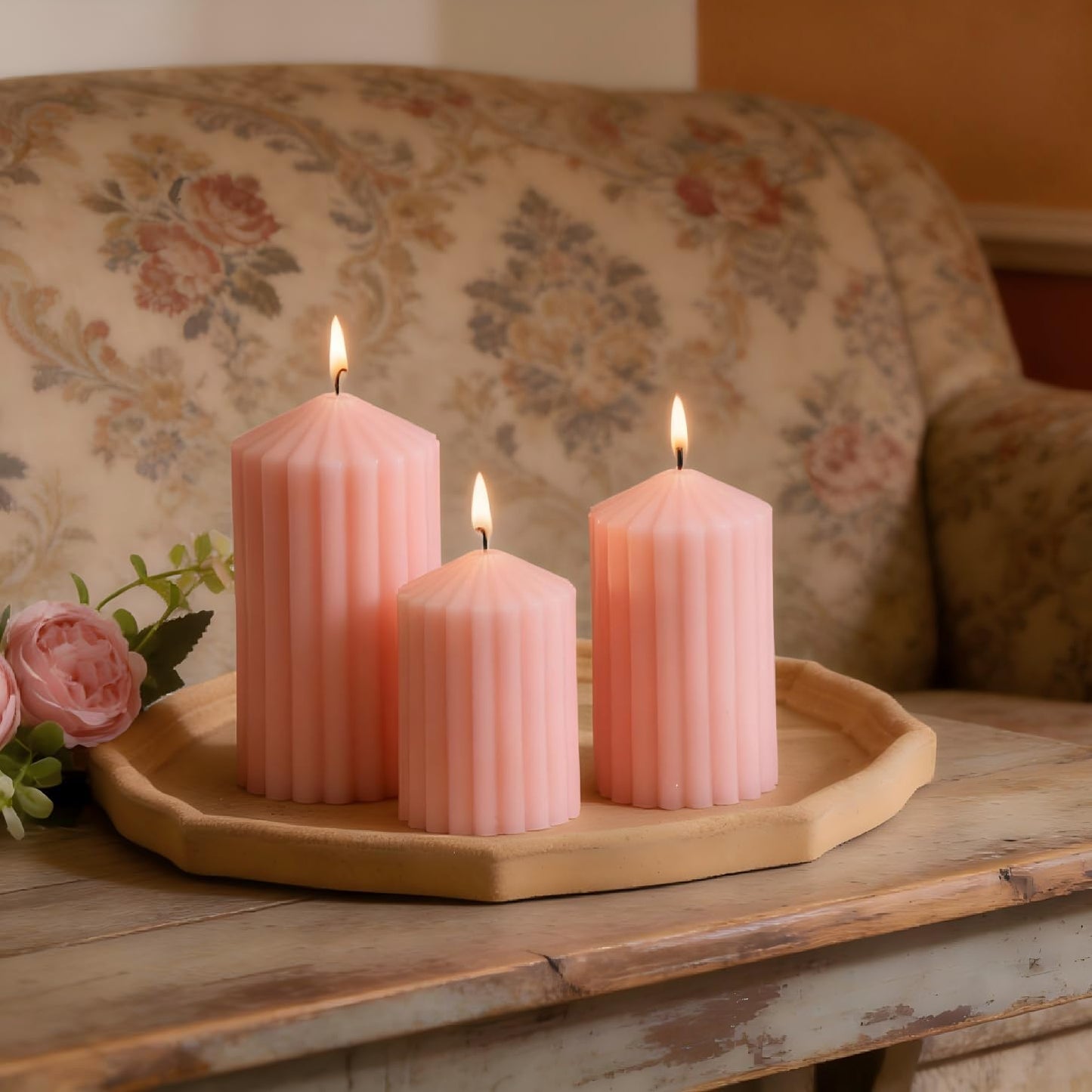 3 Pack White Ribbed Pillar Candles - Soy Wax Unscented, 2.76" x4.2/4.9/5.9 in Smokeless Non Toxic Cotton Wick, Aesthetic Modern Candles for Home Decor, Dinner Table, Living Room, Housewarming Gift